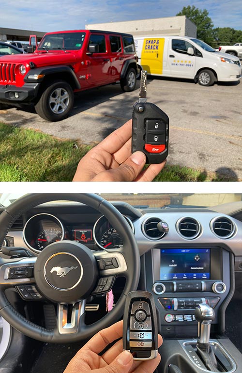 image of a Jeep key and remote we cut (top) and a Mustange fob we programmed (bottom)