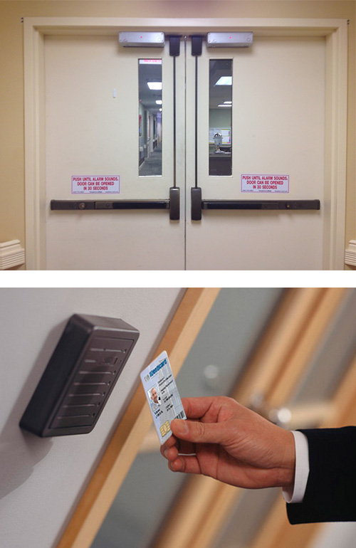 image of commercial doors with maglocks and crash bars (top), and an access control system with card access (bottom)