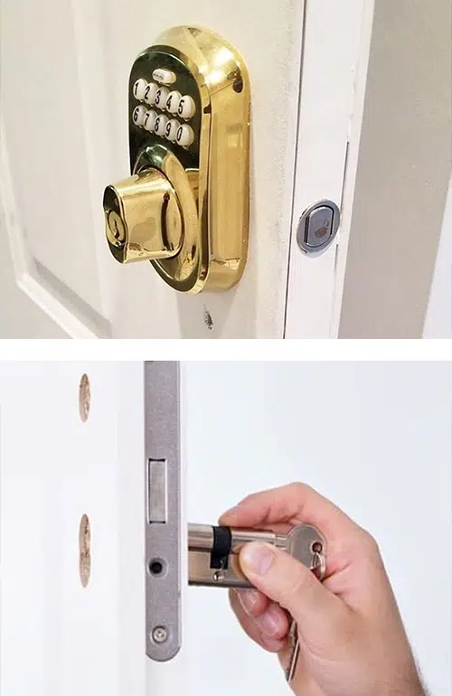 image of a residential keypad lock installed (top) and a residential mortise lock with the lock cylinder removed for rekeying (bottom)