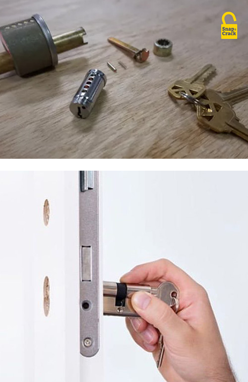 image of a lock taken apart so it can be rekeyed (top), and a mortise lock cylinder being reinserted into the lock after rekeying (bottom).