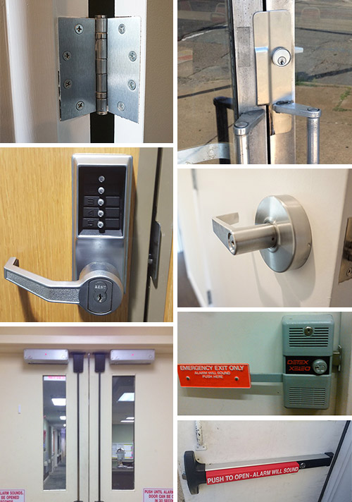 Commercial door hardware (clockwise from top right): latch protector, ADA-compliant door handle with lock, alarmed exit device, alarmed crash bar, double doors with crash bars and magnetic closers, keypad lock, and a commercial-grade door hinge.